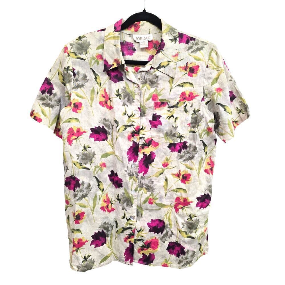 Soft Surroundings Jordan VTG 100% Linen Watercolor Floral Button Down Shirt M